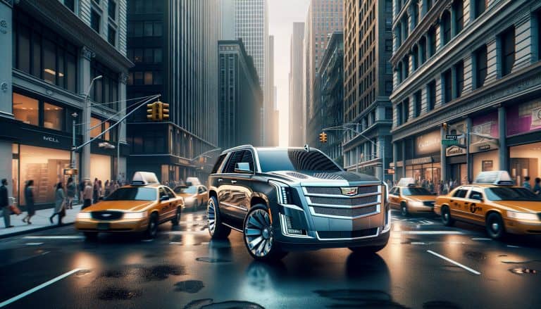 Luxury SUV on rainy city street with taxis