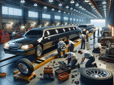 Mechanics servicing black stretch limousine in large garage