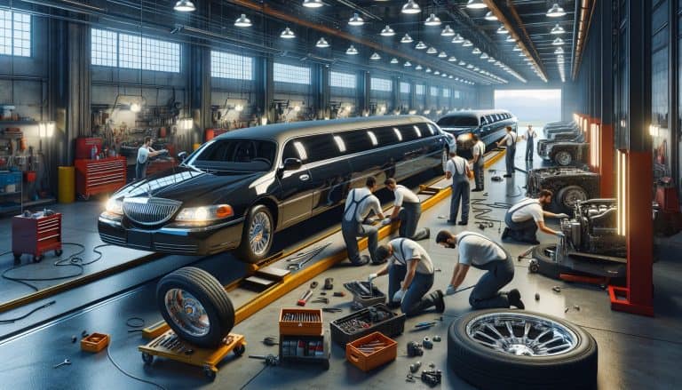 Mechanics servicing black stretch limousine in large garage