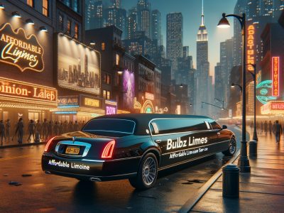 Black limousine on neon-lit city street at night