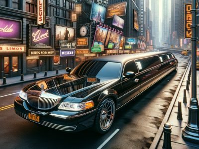 Black stretch limousine on neon-lit city street