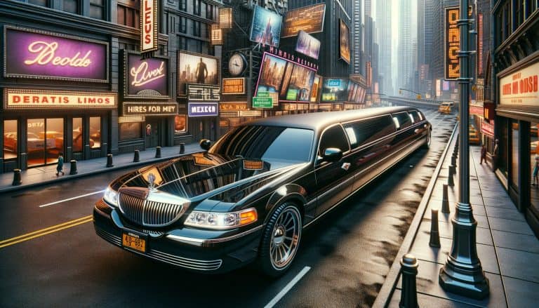 Black stretch limousine on neon-lit city street