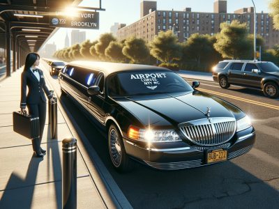 Black airport limousine parked at terminal curbside