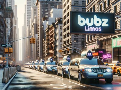 Line of limousines beneath Bubz Limos billboard