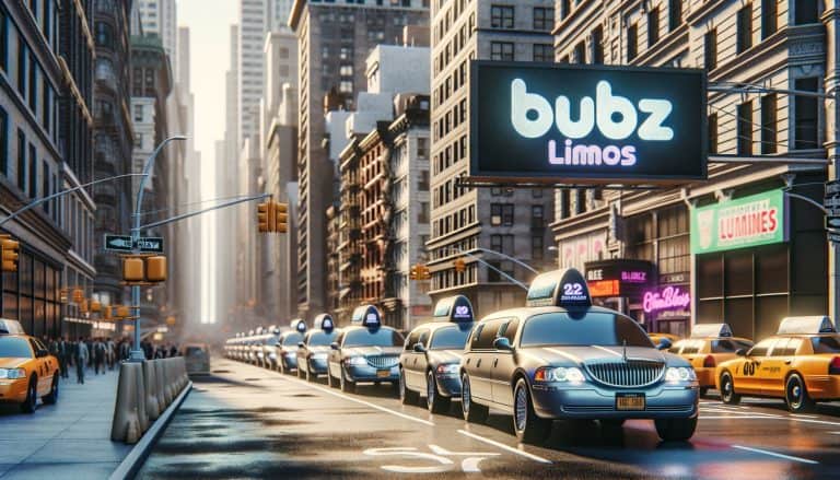 Line of limousines beneath Bubz Limos billboard
