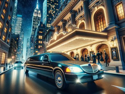 Luxury limousine outside illuminated city theater at night