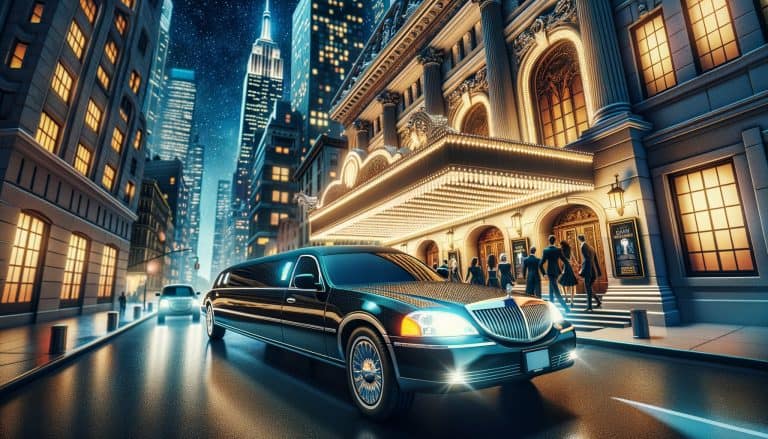 Luxury limousine outside illuminated city theater at night