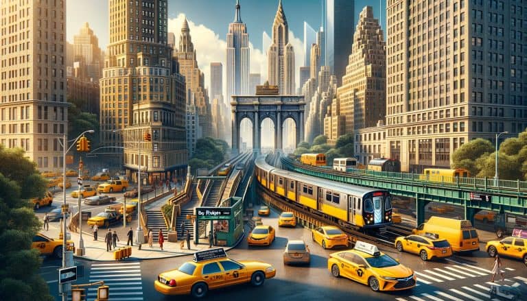 New York City street with subway and taxis