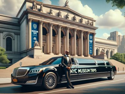 Chauffeur beside limousine outside grand NYC museum