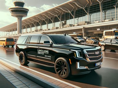 Black luxury limo SUV at airport terminal curb