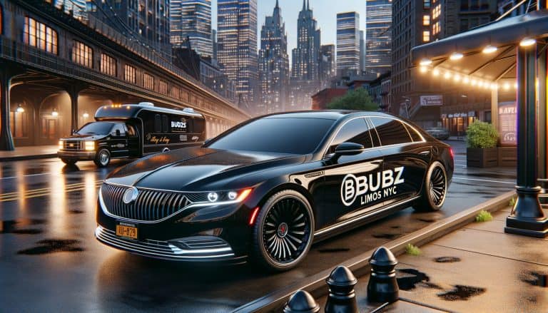 Black BUBZ limousines on NYC street at night