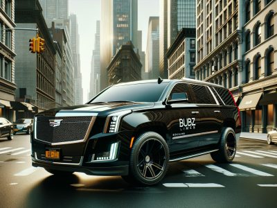 Black Cadillac Escalade limo on downtown city street