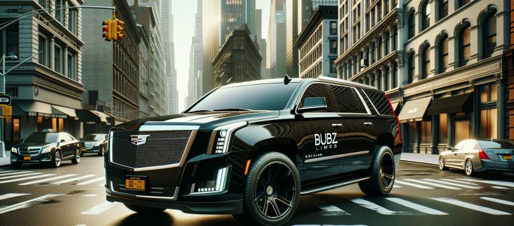 Black Cadillac Escalade limo on downtown city street