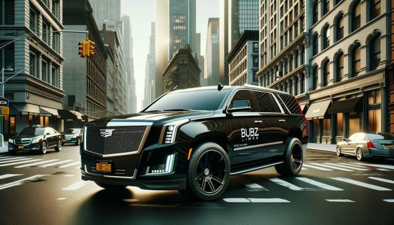 Black Cadillac Escalade limo on downtown city street