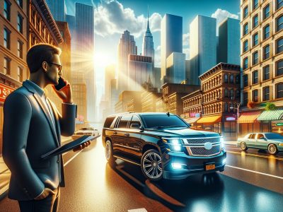 Businessman on phone beside SUV in city street
