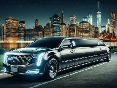 Luxury black limousine with Manhattan skyline at night