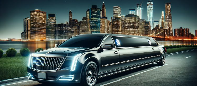 Luxury black limousine with Manhattan skyline at night