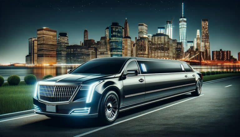 Luxury black limousine with Manhattan skyline at night