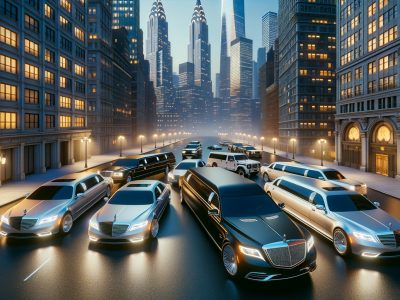 Luxury limousines on downtown city street at dusk
