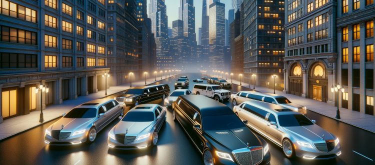 Luxury limousines on downtown city street at dusk