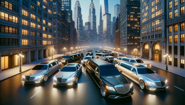 Luxury limousines on downtown city street at dusk