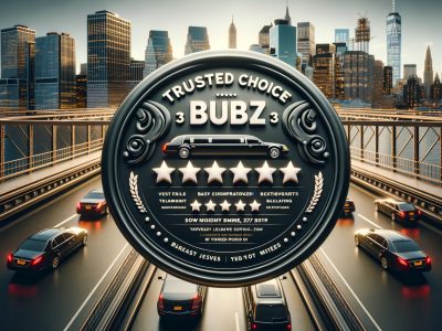 Limousine service badge over city bridge skyline