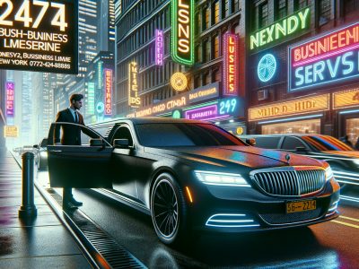Businessman exiting luxury sedan on neon-lit city street