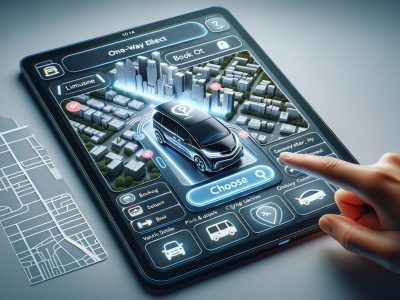 Person booking ride on rideshare app tablet interface