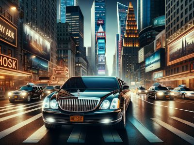 Luxury limousine driving through Times Square at night