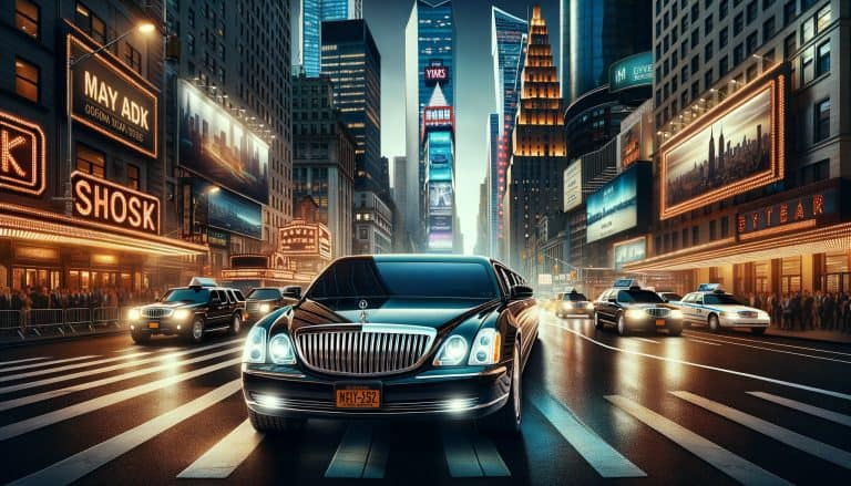 Luxury limousine driving through Times Square at night