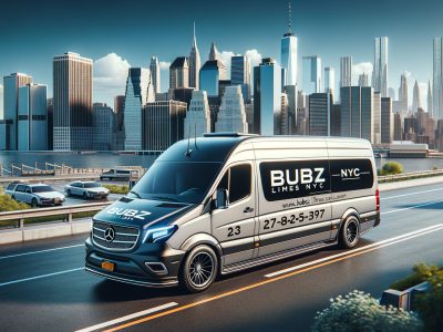BUBZ Limos van driving past Manhattan skyline