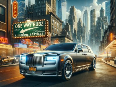Luxury Rolls-Royce on neon-lit city street at night