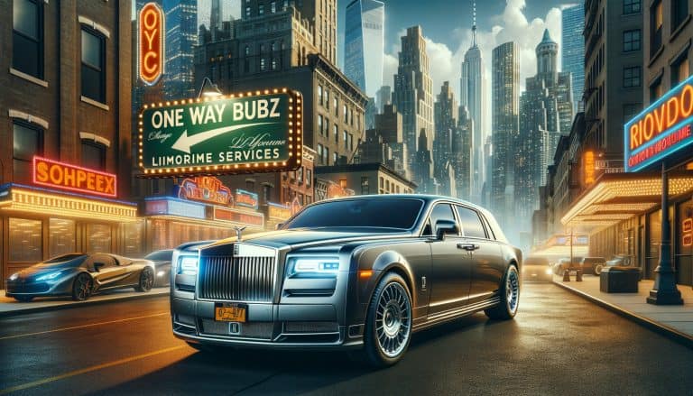 Luxury Rolls-Royce on neon-lit city street at night