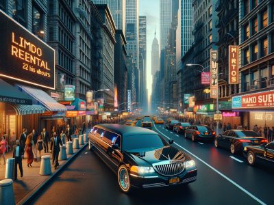 Black limousine on busy downtown city street at dusk