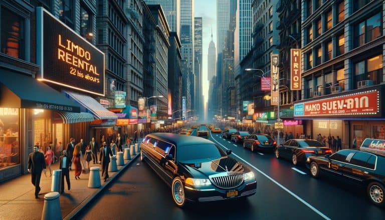 Black limousine on busy downtown city street at dusk