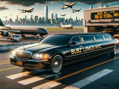 Black stretch limousine at airport with NYC skyline.
