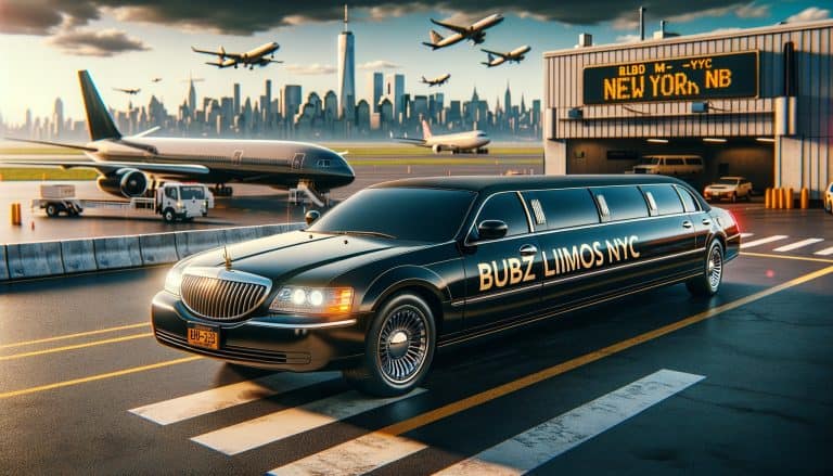 Black stretch limousine at airport with NYC skyline.