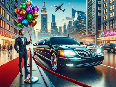 Man with balloons beside limousine on red carpet