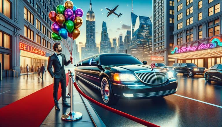 Man with balloons beside limousine on red carpet