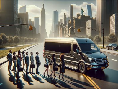 Businesspeople boarding luxury van in city skyline