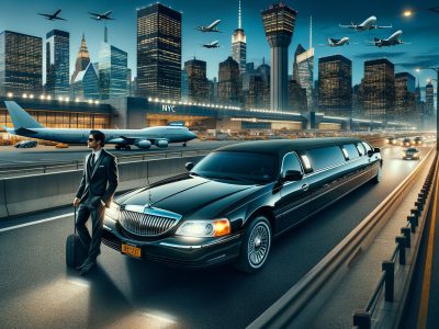 Businessman with limousine outside NYC airport at dusk