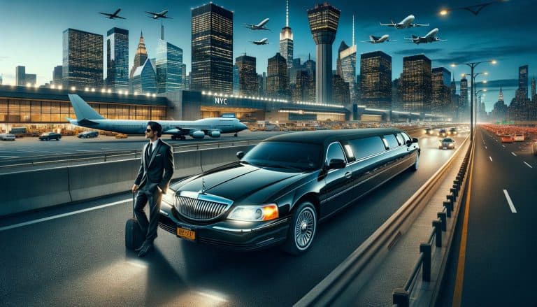 Businessman with limousine outside NYC airport at dusk