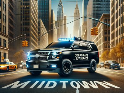 Corporate SUV with flashing lights in Midtown street