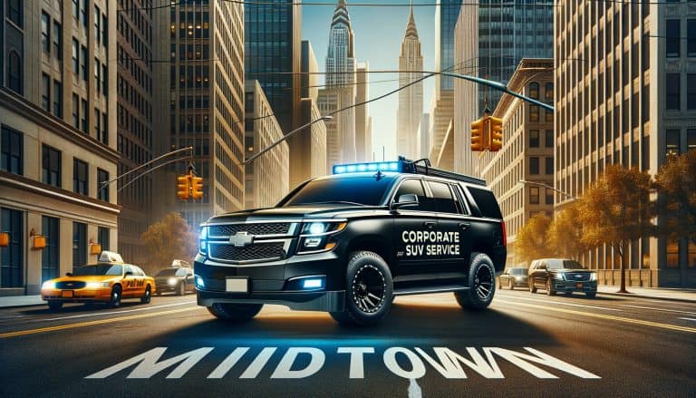 Corporate SUV with flashing lights in Midtown street
