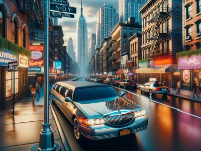 Limousine on neon-lit New York City street