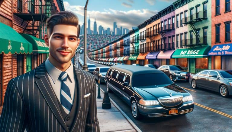 Man in suit beside limousine on city street