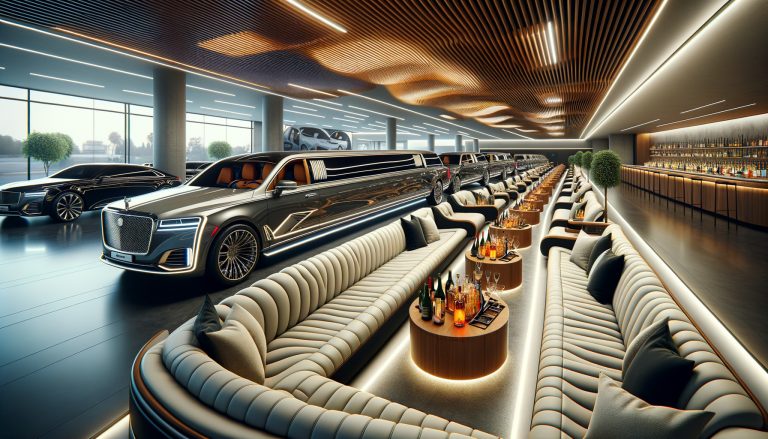 Luxury limousines displayed in upscale indoor showroom lounge