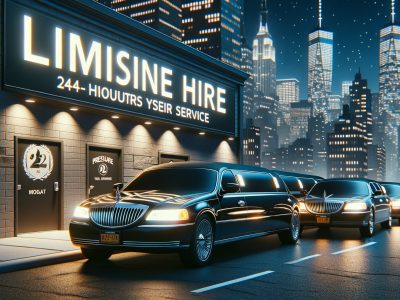 Luxury limousines parked outside city limo service at night