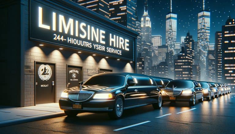 Luxury limousines parked outside city limo service at night