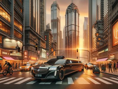 Luxury limousine driving through downtown city at sunset